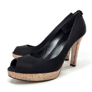 Stuart Weitzman Nulille Black Nubuck Peep-Toe Cork High Heel Platform Pumps
